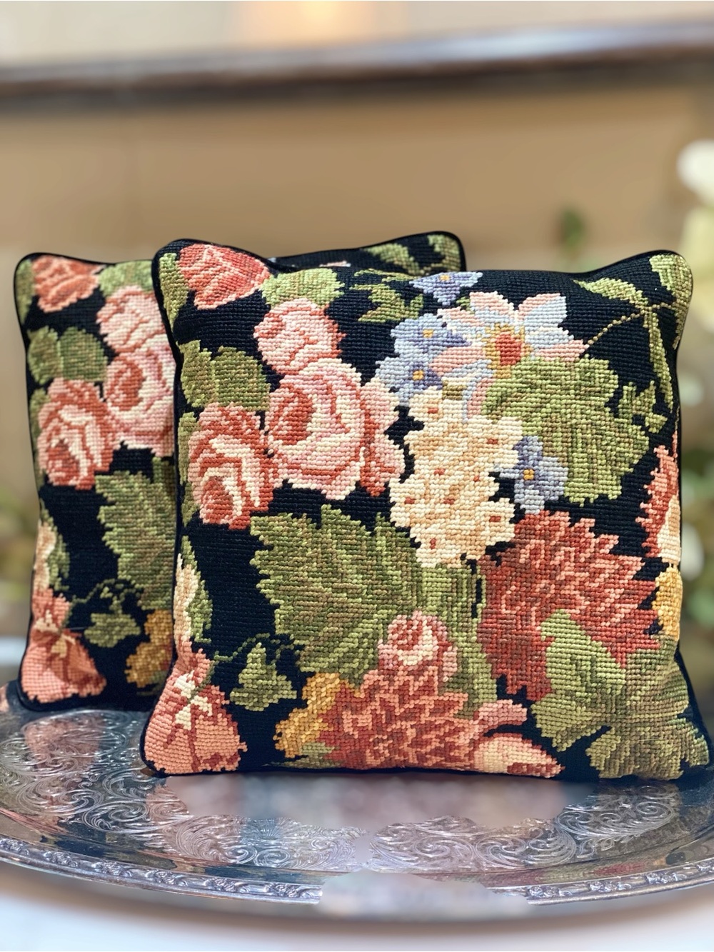 Vintage Needlepoint Pillows Set 2 Floral Design Black Velvet Back Toss Throw